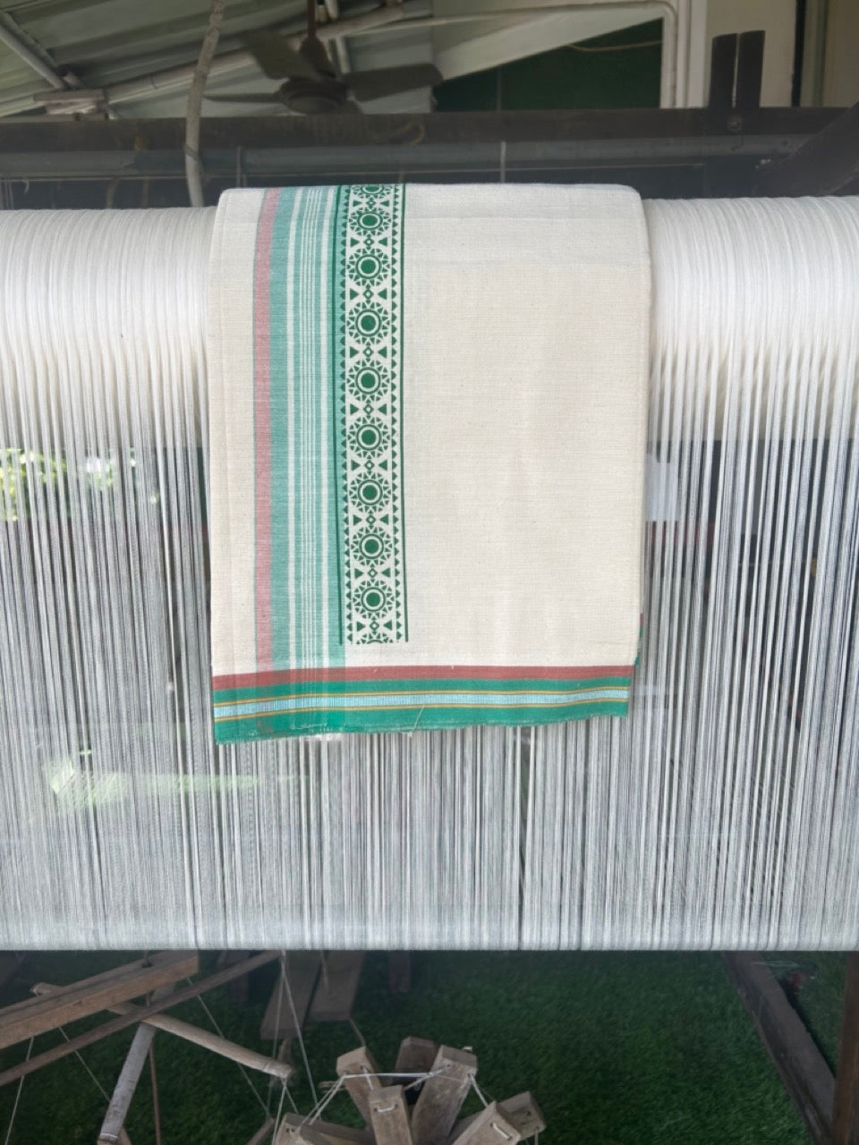 12% Discount !! Kaitharikada Pure Cotton Single OFF WHITE - (Unbleached) Kaily / Lungi - 3 inch Light Green & Brownish Orange Striped Printed kara Kuppadam Border with OFF WHITE colour body (2 meter / 4 muzham)- 7KK8010AS