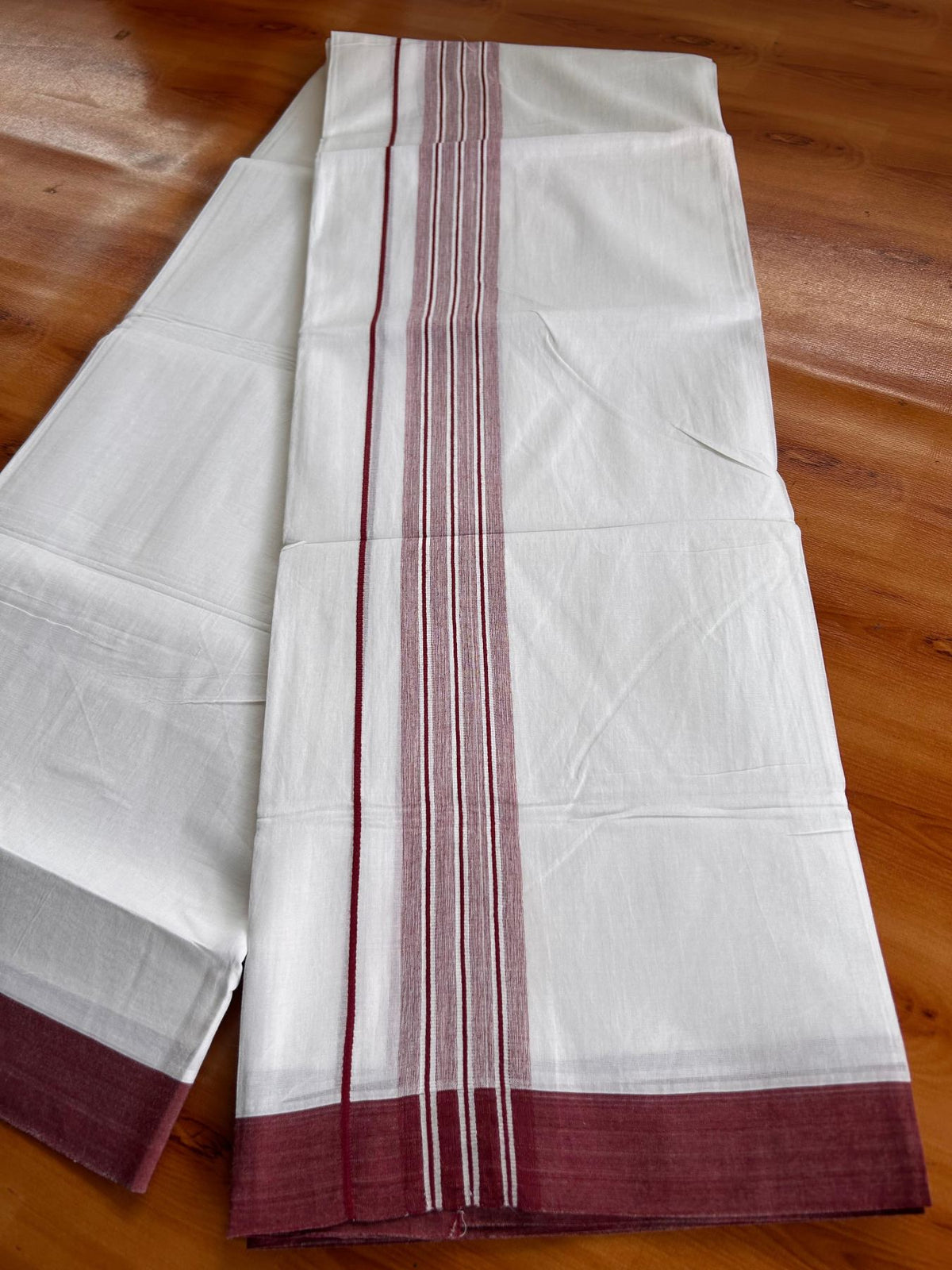 Double Pure White Mundu/Dhoti -20% Discount! KaithariKada 100% Cotton - 100x80 - 1.75 Inch Maroon Shaded Striped Kara - 3.80 mtr (8 muzham) - 38 KK5519 PMC