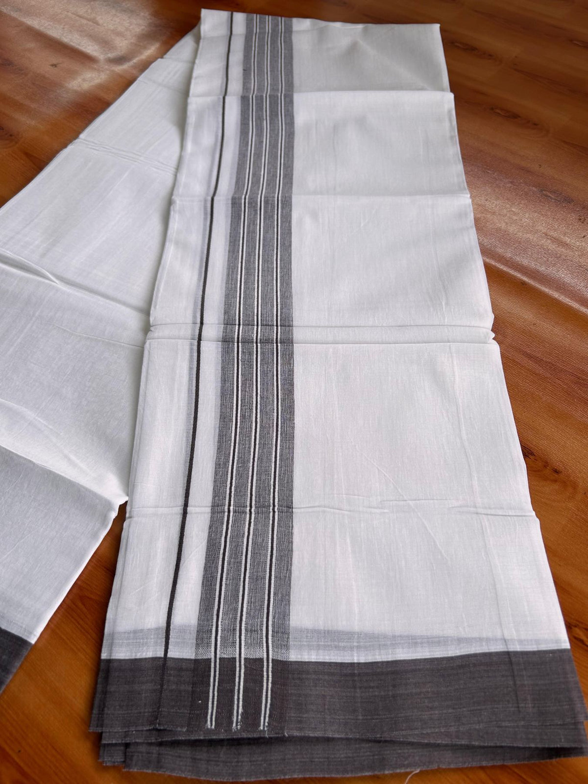 Double Pure White Mundu/Dhoti -20% Discount! KaithariKada 100% Cotton - 100x80 - 1.75 Inch Dark Chocolate Brown Shaded Striped Kara - 3.80 mtr (8 muzham) - 42 KK5519 PMC
