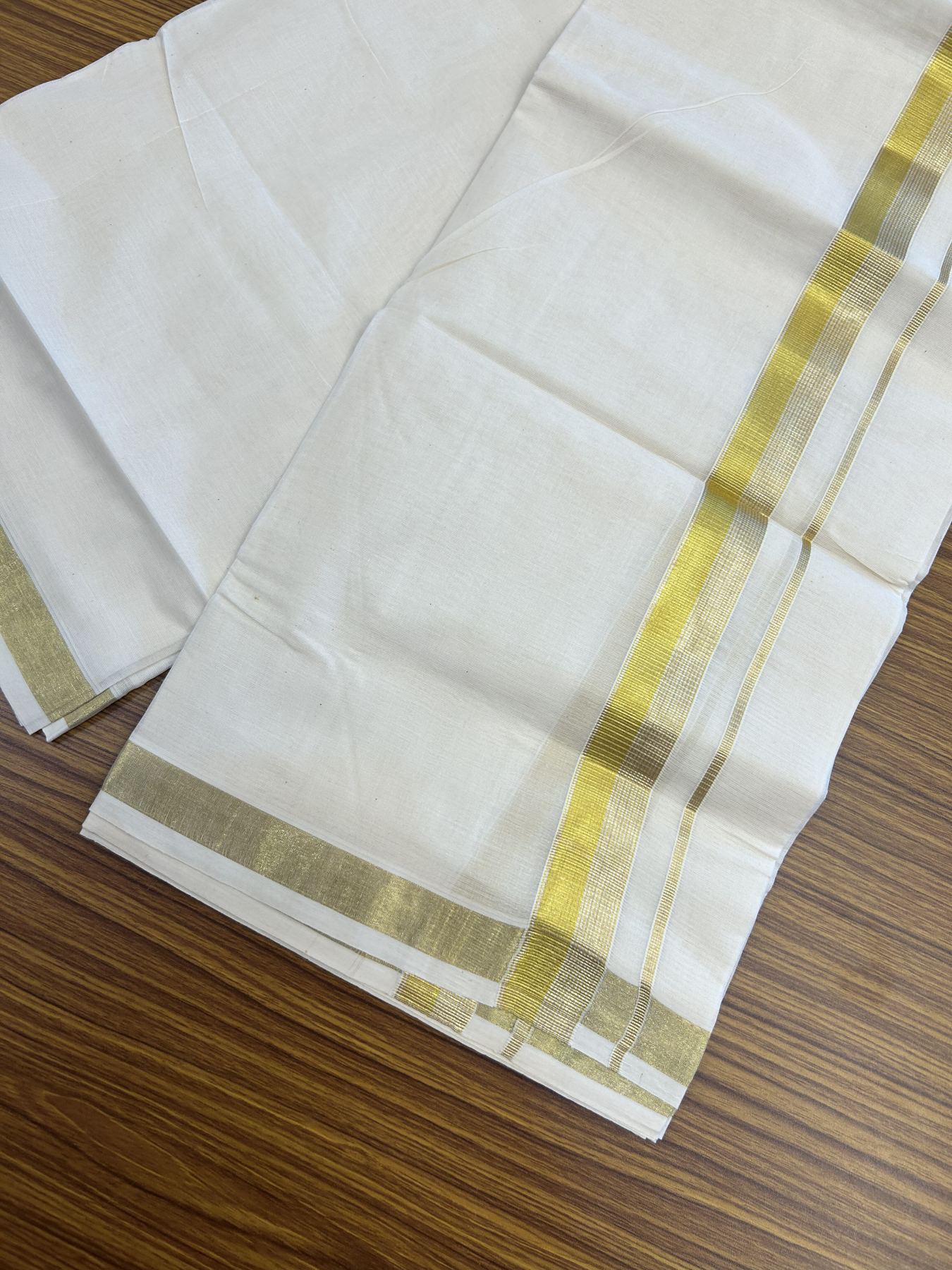 20% Discount ! KaithariKada Balaramapuram - 100% Pure Cotton Off White - (Unbleached) Double Mundu/Dhoti - 100X80 - 1.5 inch Gold Kasav & Silver Kasav Striped Kara 4 mtr (8.5 muzham) - 19 KK5340 VIN