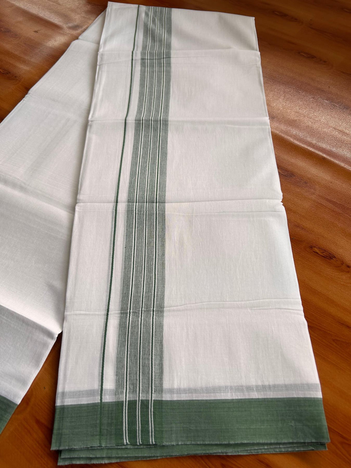 Double Pure White Mundu/Dhoti -20% Discount! KaithariKada 100% Cotton - 100x80 - 1.5 Inch Green Shaded Striped Kara - 3.80 mtr (8 muzham) - 43 KK5519 PMC