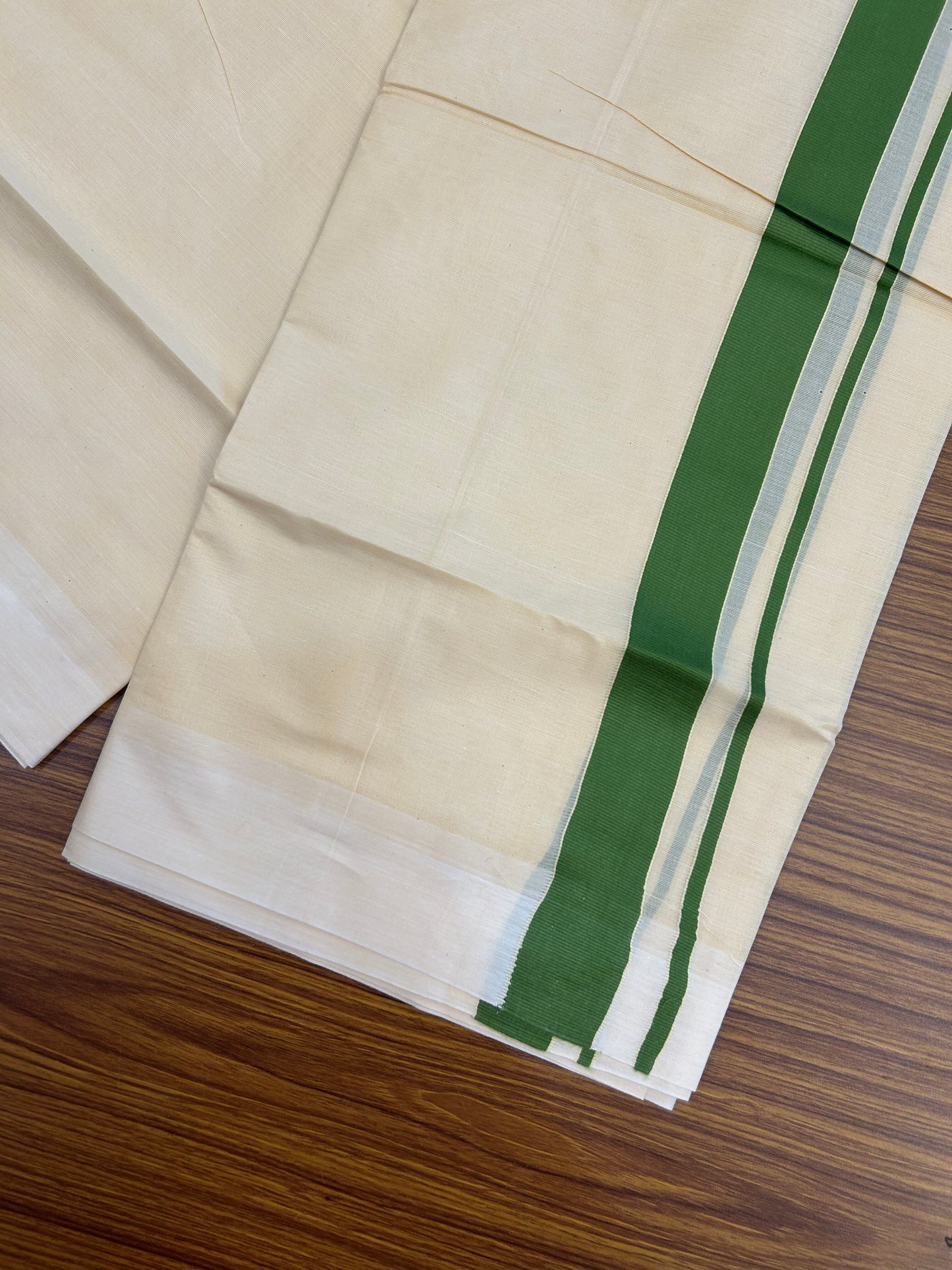 Kannur Kavi - 20% Discount! KaithariKada Balaramapuram Double Mundu/Dhoti - Pure Cotton - 100x80 - Kannur Yellow colour Body 1.25 Inch Forest Green kara - 4 mtr - (8.5 muzham) - 14 KK5362 GAN