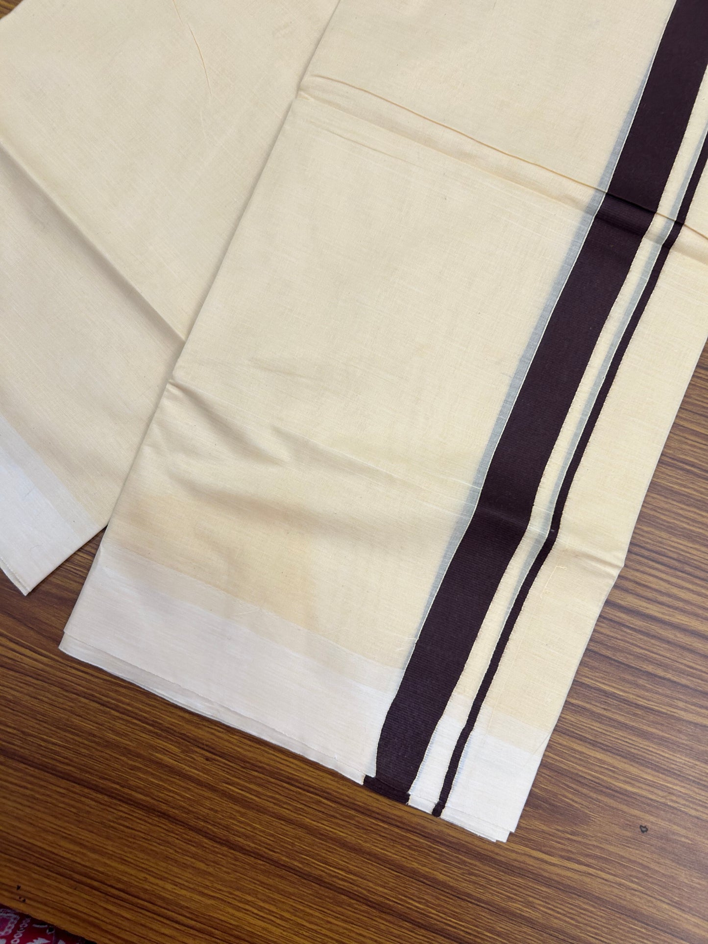 Kannur Kavi - 20% Discount! KaithariKada Balaramapuram Double Mundu/Dhoti - Pure Cotton - 100x80 - Kannur Yellow colour Body 1 Inch Dark Brown kara - 4 mtr - (8.5 muzham) - 16 KK5362 GAN