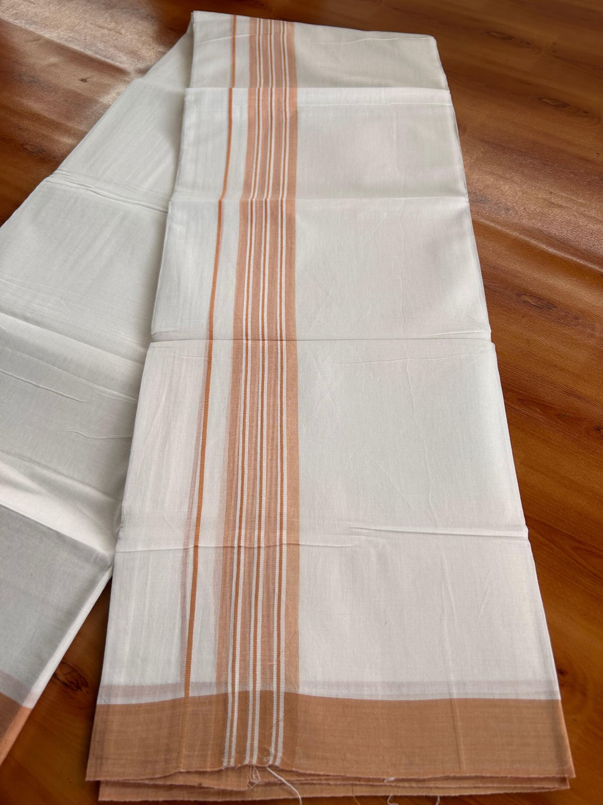 Double Pure White Mundu/Dhoti -20% Discount! KaithariKada 100% Cotton - 100x80 - 1.5 Inch Peach Shaded Striped Kara - 3.80 mtr (8 muzham) - 45 KK5519 PMC