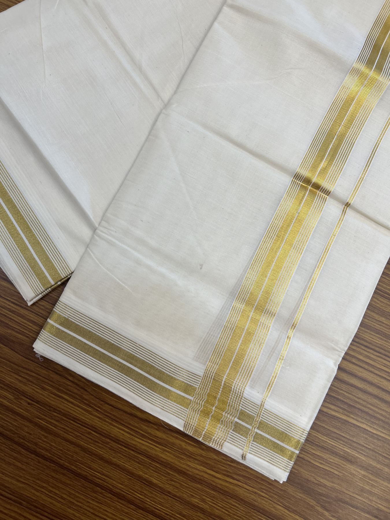 20% Discount ! KaithariKada Balaramapuram - 100% Pure Cotton Off White - (Unbleached) Double Mundu/Dhoti - 100X80 - 1.5 inch Gold Kasav Striped Kara 4 mtr (8.5 muzham) - 7 KK5340 VIN