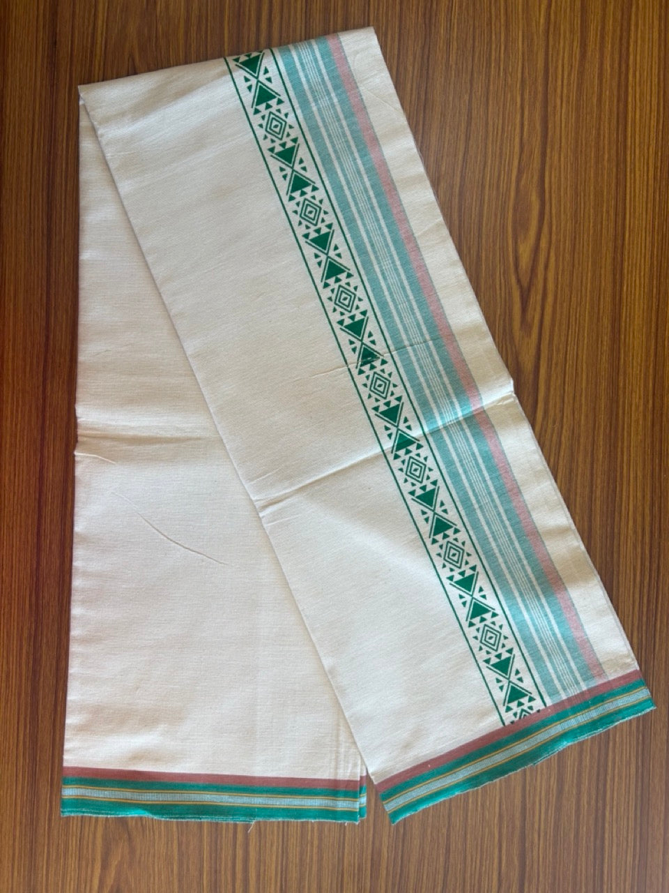 12% Discount !! Kaitharikada Pure Cotton Single OFF WHITE - (Unbleached) Kaily / Lungi - 3.5 inch Light Green & Brownish Orange Striped Printed kara Kuppadam Border with OFF WHITE colour body (2 meter / 4 muzham)- 6KK8010AS