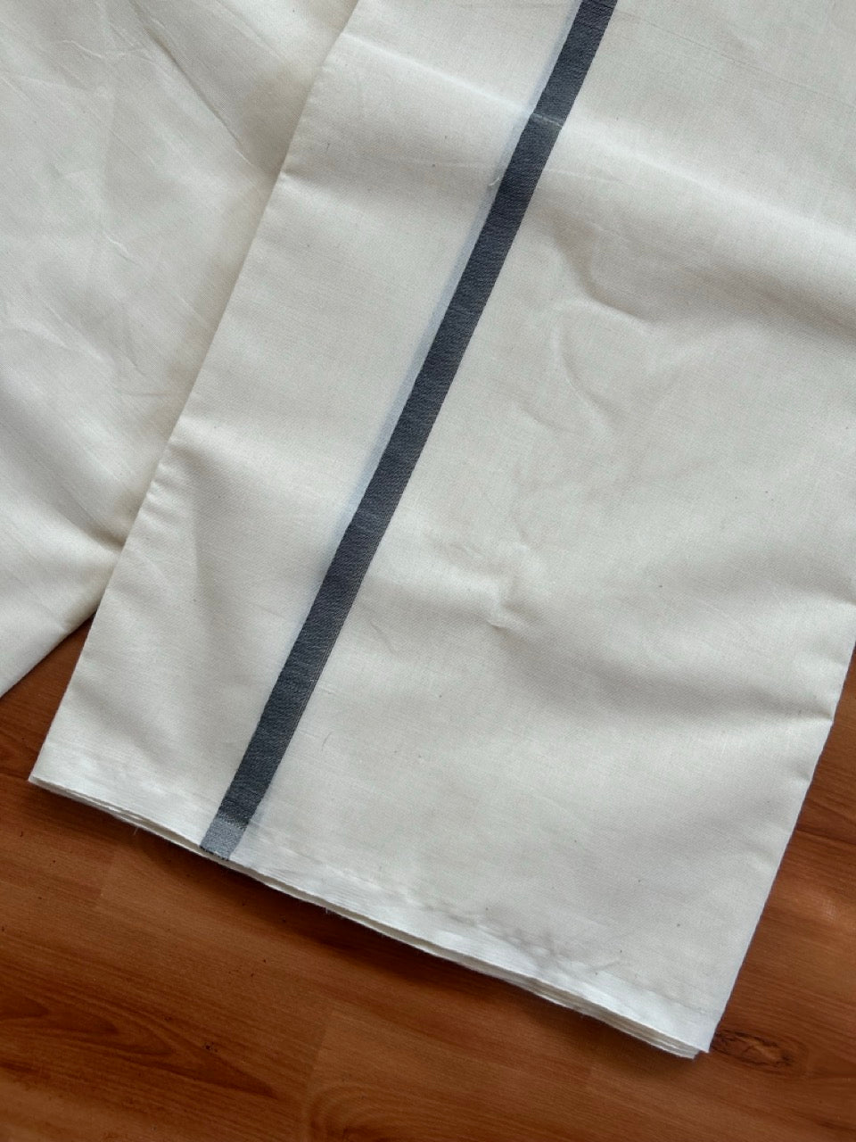 29% Offer! KaithariKada Balaramapuram 100% Cotton Off White (Unbleached) Double Mundu/Dhoti- 100x100 Black & Kasav Half & Half 0.25 Inch - 1 KK5379 ASH