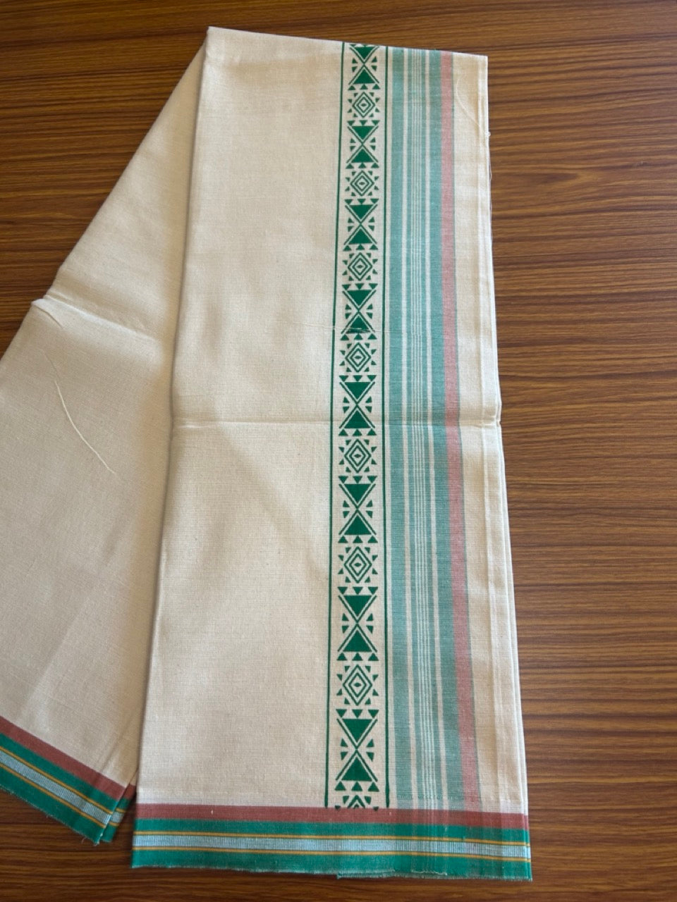 12% Discount !! Kaitharikada Pure Cotton Single OFF WHITE - (Unbleached) Kaily / Lungi - 3.5 inch Light Green & Brownish Orange Striped Printed kara Kuppadam Border with OFF WHITE colour body (2 meter / 4 muzham)- 6KK8010AS