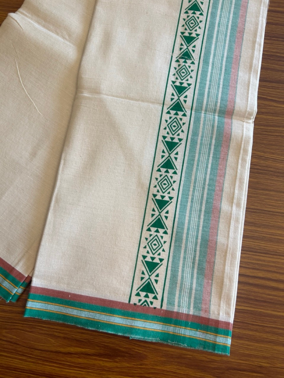 12% Discount !! Kaitharikada Pure Cotton Single OFF WHITE - (Unbleached) Kaily / Lungi - 3.5 inch Light Green & Brownish Orange Striped Printed kara Kuppadam Border with OFF WHITE colour body (2 meter / 4 muzham)- 6KK8010AS