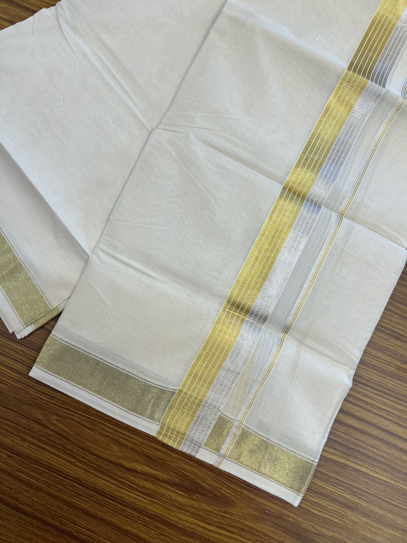 20% Discount ! KaithariKada Balaramapuram - 100% Pure Cotton Off White - (Unbleached) Double Mundu/Dhoti - 100X80 - 1.5 inch Gold Kasav & Silver Kasav Striped Kara 4 mtr (8.5 muzham) - 12 KK5340 VIN