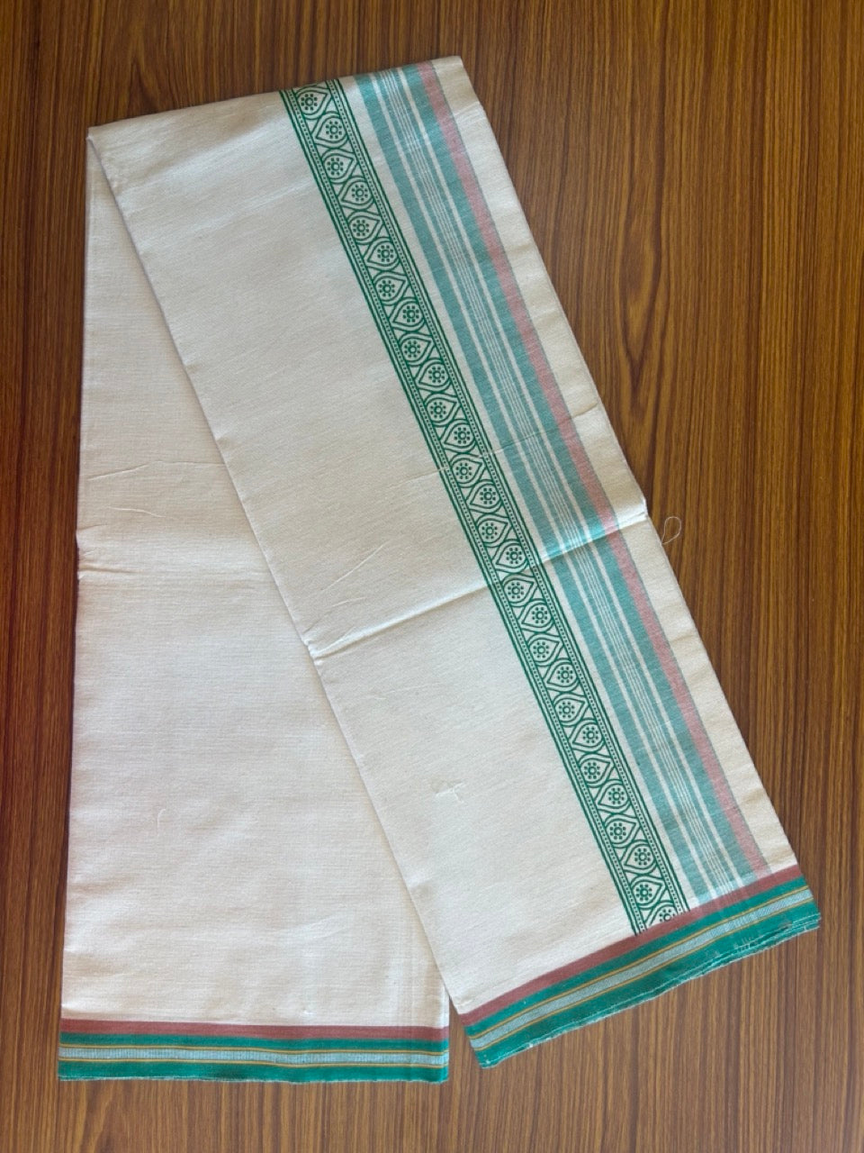 12% Discount !! Kaitharikada Pure Cotton Single OFF WHITE - (Unbleached) Kaily / Lungi - 3.5 inch Light Green & Brownish Orange Striped Printed kara Kuppadam Border with OFF WHITE colour body (2 meter / 4 muzham)- 5KK8010AS