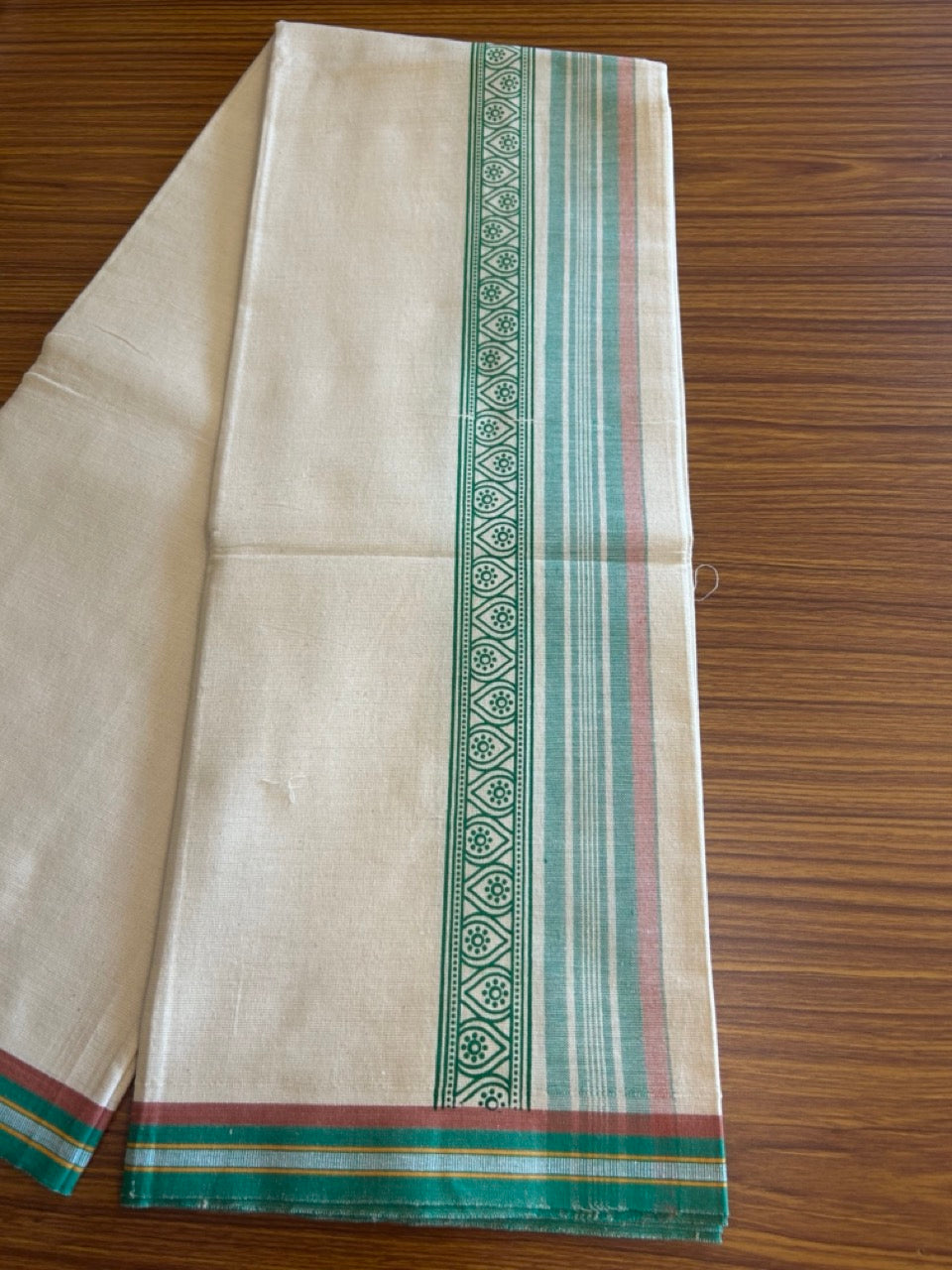 12% Discount !! Kaitharikada Pure Cotton Single OFF WHITE - (Unbleached) Kaily / Lungi - 3.5 inch Light Green & Brownish Orange Striped Printed kara Kuppadam Border with OFF WHITE colour body (2 meter / 4 muzham)- 5KK8010AS