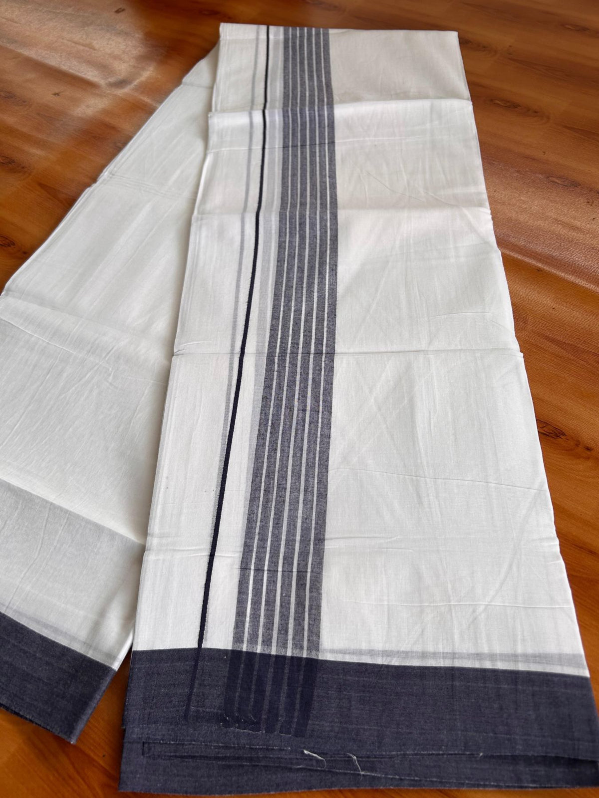 Double Pure White Mundu/Dhoti -20% Discount! KaithariKada 100% Cotton - 100x80 - 1.75 Inch Navy Blue Shaded Striped Kara - 3.80 mtr (8 muzham) - 47 KK5519 PMC