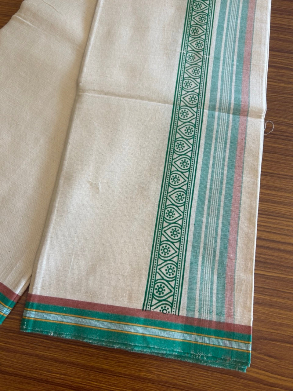 12% Discount !! Kaitharikada Pure Cotton Single OFF WHITE - (Unbleached) Kaily / Lungi - 3.5 inch Light Green & Brownish Orange Striped Printed kara Kuppadam Border with OFF WHITE colour body (2 meter / 4 muzham)- 5KK8010AS
