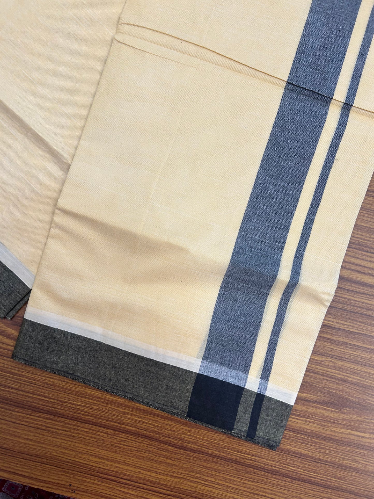 Kannur Kavi - 20% Discount! KaithariKada Balaramapuram Double Mundu/Dhoti - Pure Cotton - 100x80 - Kannur Yellow colour Body 1.75 Inch Black Shaded kara - 4 mtr - (8.5 muzham) - 19 KK5362 GAN