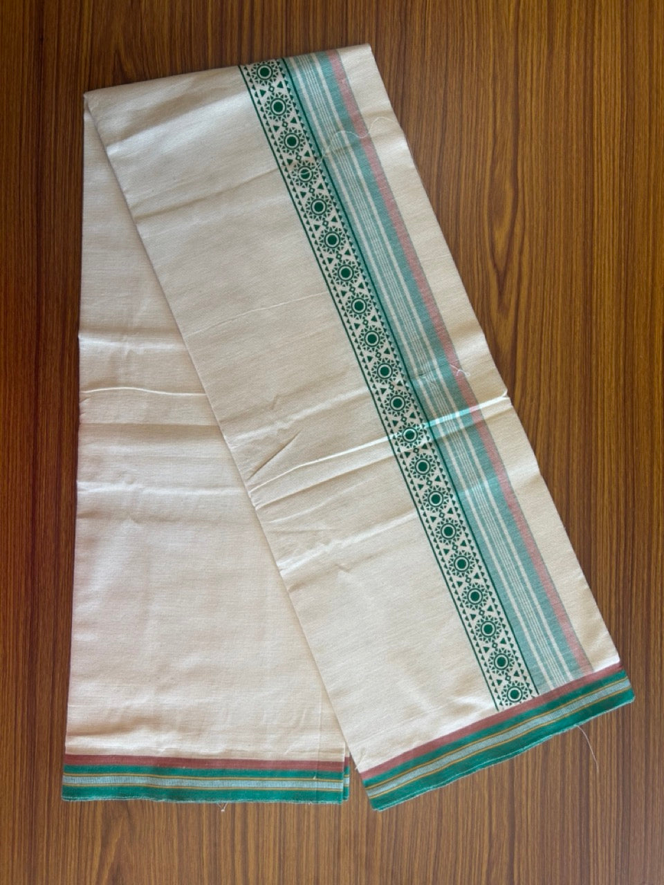 12% Discount !! Kaitharikada Pure Cotton Single OFF WHITE - (Unbleached) Kaily / Lungi - 3 inch Light Green & Brownish Orange Striped Printed kara Kuppadam Border with OFF WHITE colour body (2 meter / 4 muzham)- 7KK8010AS