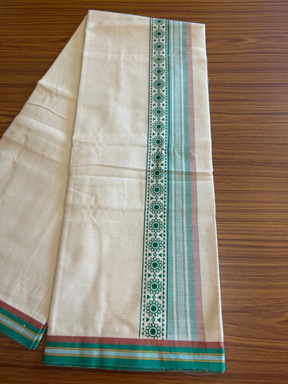 12% Discount !! Kaitharikada Pure Cotton Single OFF WHITE - (Unbleached) Kaily / Lungi - 3 inch Light Green & Brownish Orange Striped Printed kara Kuppadam Border with OFF WHITE colour body (2 meter / 4 muzham)- 7KK8010AS