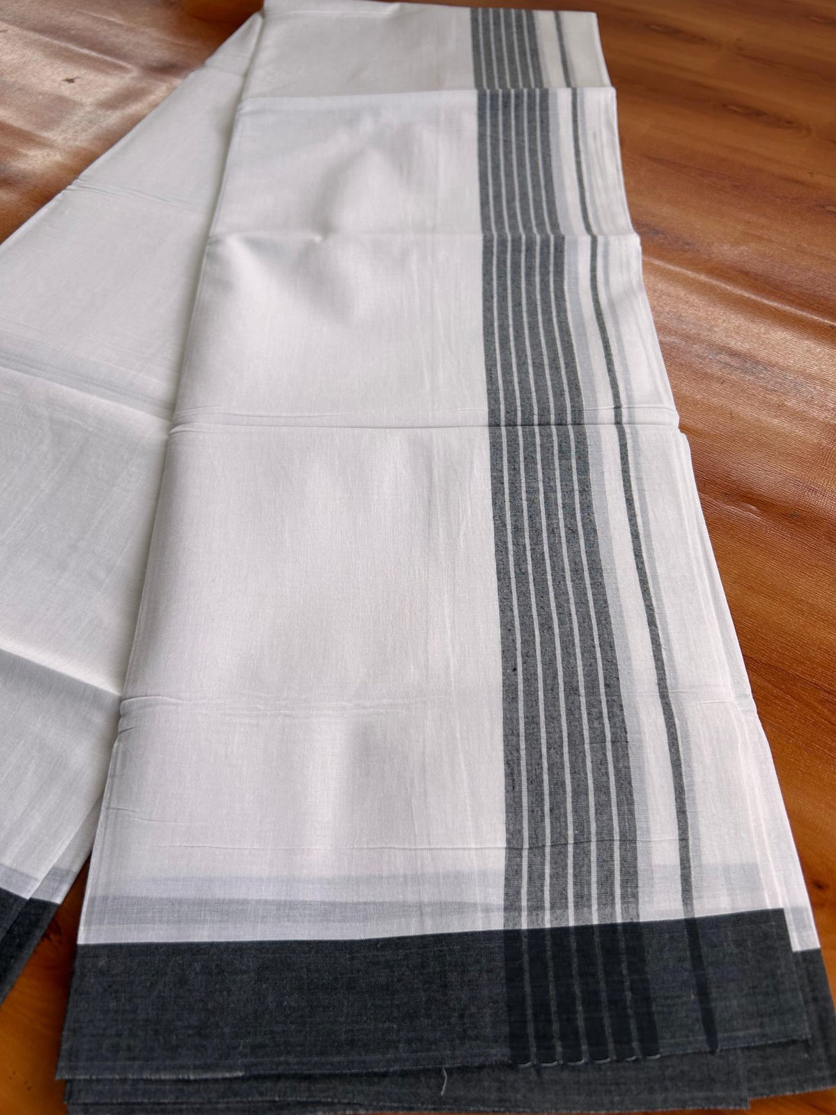 Double Pure White Mundu/Dhoti -20% Discount! KaithariKada 100% Cotton - 100x80 - 1.5 Inch Black Shaded Striped Kara - 3.80 mtr (8 muzham) - 48 KK5519 PMC