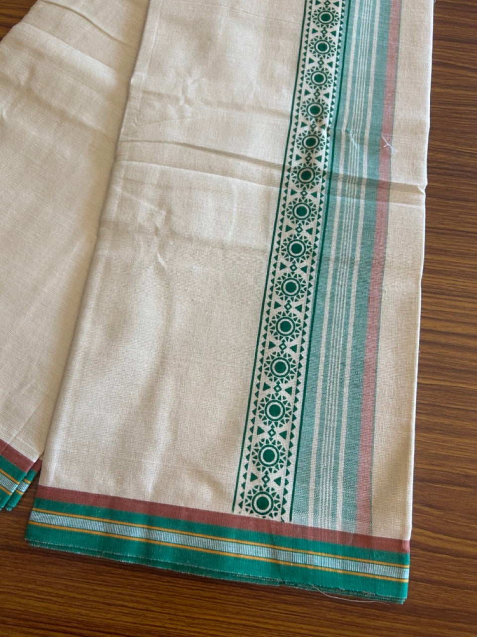 12% Discount !! Kaitharikada Pure Cotton Single OFF WHITE - (Unbleached) Kaily / Lungi - 3 inch Light Green & Brownish Orange Striped Printed kara Kuppadam Border with OFF WHITE colour body (2 meter / 4 muzham)- 7KK8010AS