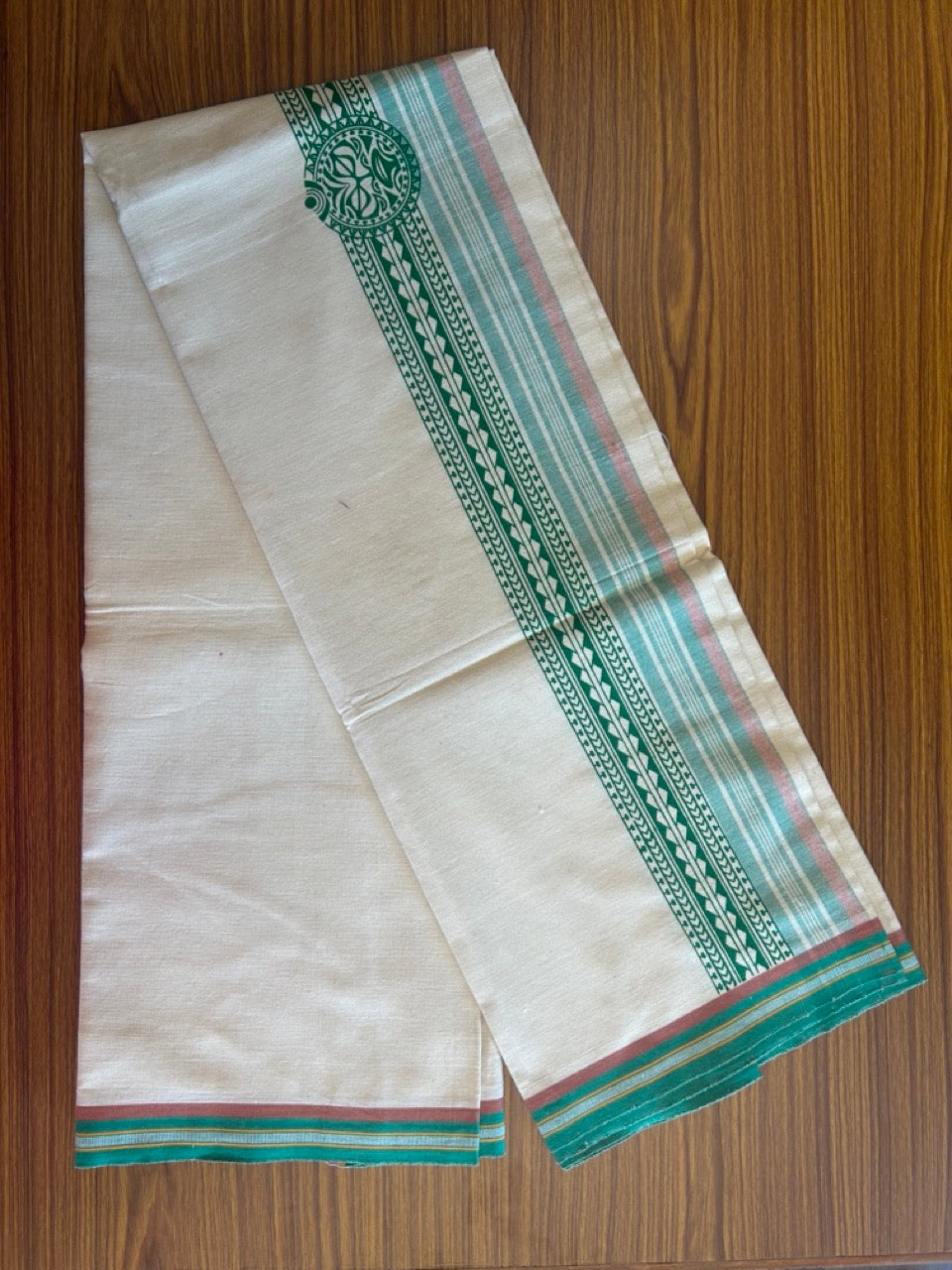 12% Discount !! Kaitharikada Pure Cotton Single OFF WHITE - (Unbleached) Kaily / Lungi - 4 inch Light Green & Brownish Orange Striped Printed kara Kuppadam Border with OFF WHITE colour body (2 meter / 4 muzham)- 8KK8010AS