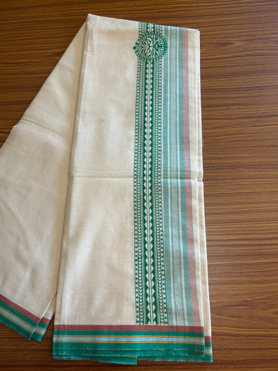 12% Discount !! Kaitharikada Pure Cotton Single OFF WHITE - (Unbleached) Kaily / Lungi - 4 inch Light Green & Brownish Orange Striped Printed kara Kuppadam Border with OFF WHITE colour body (2 meter / 4 muzham)- 8KK8010AS
