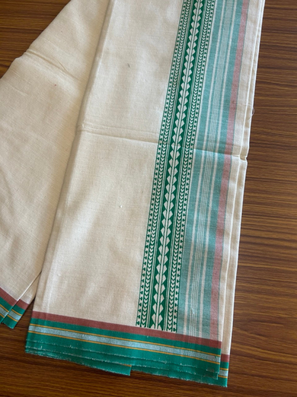12% Discount !! Kaitharikada Pure Cotton Single OFF WHITE - (Unbleached) Kaily / Lungi - 4 inch Light Green & Brownish Orange Striped Printed kara Kuppadam Border with OFF WHITE colour body (2 meter / 4 muzham)- 8KK8010AS