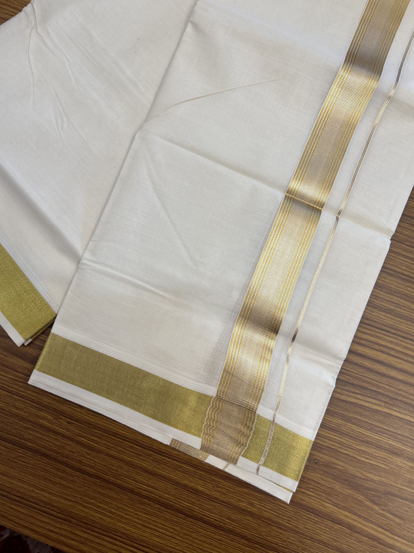 20% Discount ! KaithariKada Balaramapuram - 100% Pure Cotton Off White - (Unbleached) Double Mundu/Dhoti - 100X80 - 1.5 inch Gold Kasav & Silver Kasav Striped Kara 4 mtr (8.5 muzham) - 22 KK5340 VIN