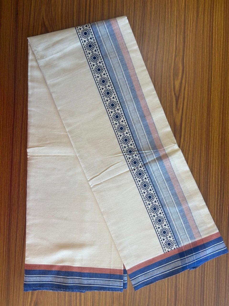 12% Discount !! Kaitharikada Pure Cotton Single OFF WHITE - (Unbleached) Kaily / Lungi - 3.75 inch Blue & Brownish Orange Striped Printed kara Kuppadam Border with OFF WHITE colour body (2 meter / 4 muzham)- 14KK8010AS