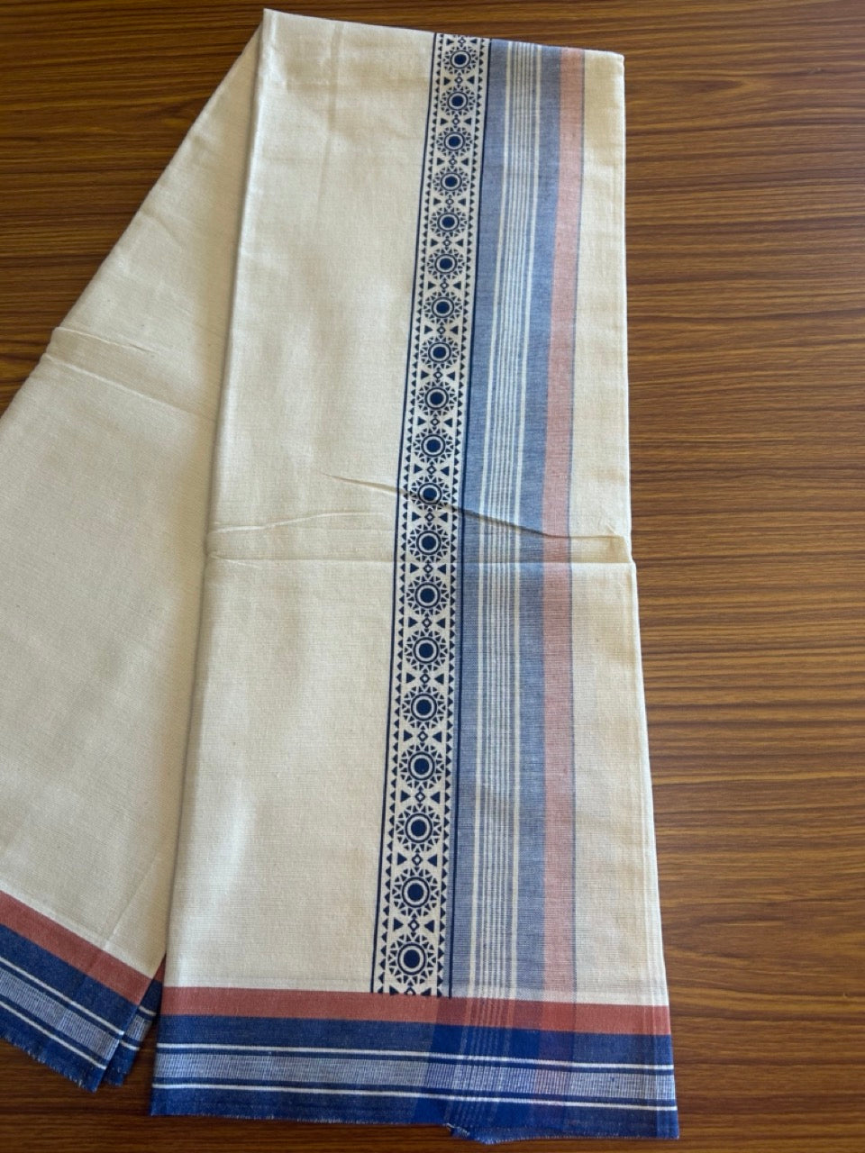 12% Discount !! Kaitharikada Pure Cotton Single OFF WHITE - (Unbleached) Kaily / Lungi - 3.75 inch Blue & Brownish Orange Striped Printed kara Kuppadam Border with OFF WHITE colour body (2 meter / 4 muzham)- 14KK8010AS
