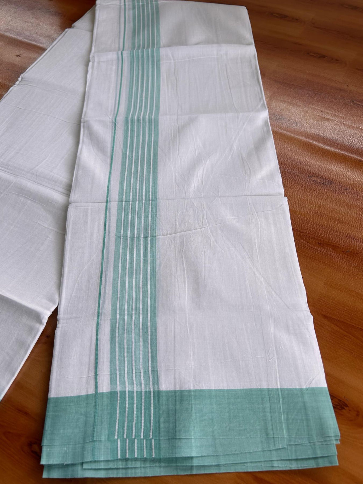 Double Pure White Mundu/Dhoti -20% Discount! KaithariKada 100% Cotton - 100x80 - 1.5 Inch Light Turquoise Shaded Striped Kara - 3.80 mtr (8 muzham) - 52 KK5519 PMC
