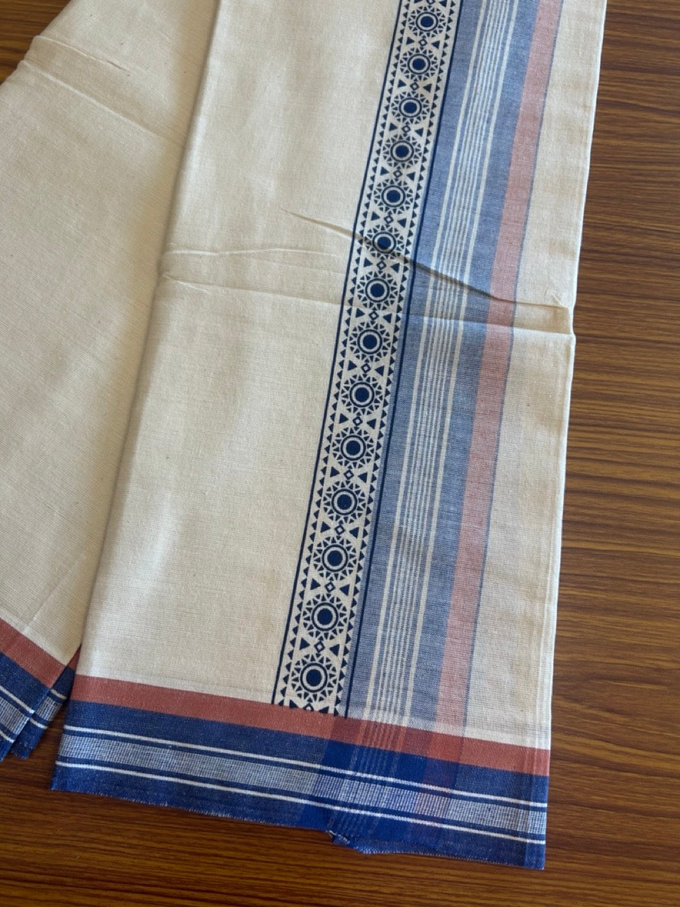12% Discount !! Kaitharikada Pure Cotton Single OFF WHITE - (Unbleached) Kaily / Lungi - 3.75 inch Blue & Brownish Orange Striped Printed kara Kuppadam Border with OFF WHITE colour body (2 meter / 4 muzham)- 14KK8010AS