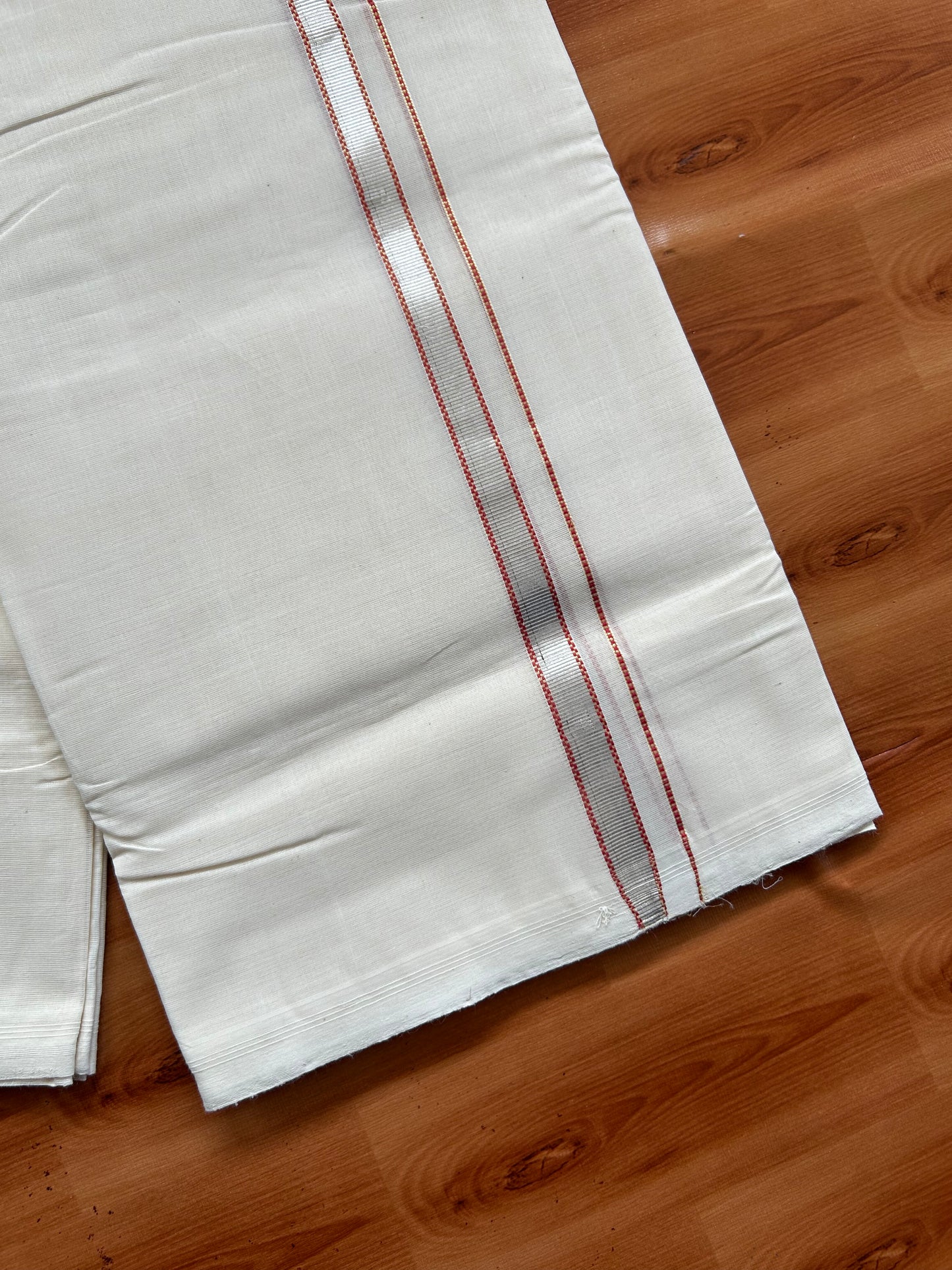 25% Discount ! KaithariKada Handloom Millpaav - Kerala Handloom - 100% Pure Cotton Off White (Unbleached) Double Mundu/Dothi - 100x80 - 0.5 inch Silver Gold Kasav & Red Muthukuri Kara 3.80 Meters (8 Muzham) - 7 KK5380 SOM