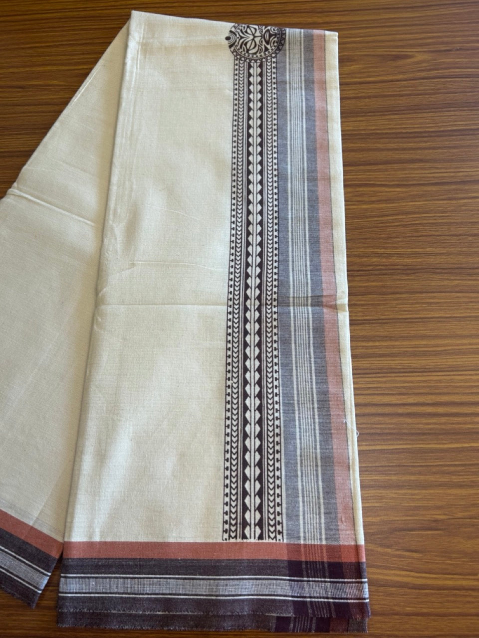 12% Discount !! Kaitharikada Pure Cotton Single Off White - (Unbleached) Kaily / Lungi - 4.25 inch  Brown & Brownish Orange Striped Printed kara Kuppadam Border with Off White colour body (2 meter / 4 muzham)- 12KK8010AS