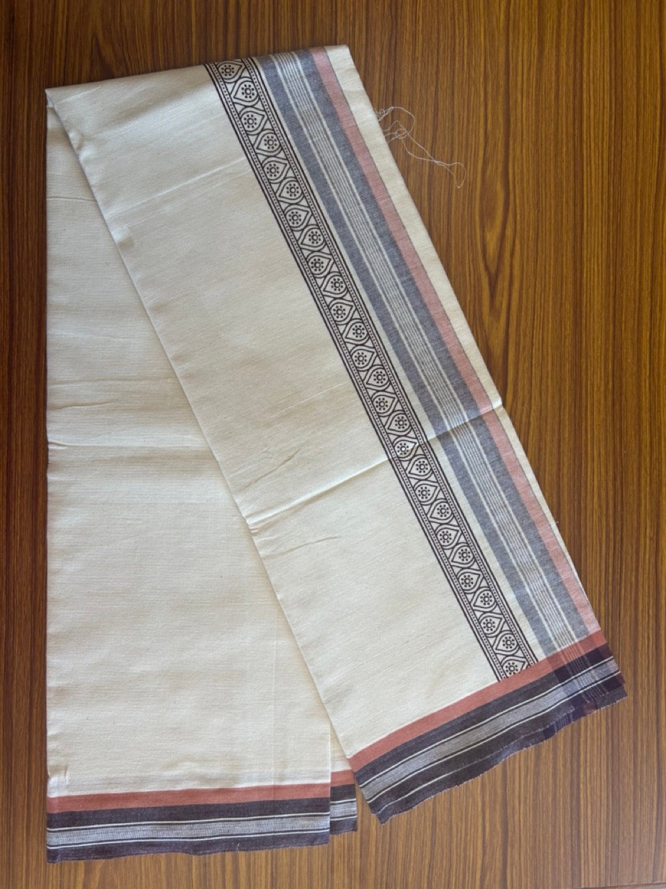 12% Discount !! Kaitharikada Pure Cotton Single OFF WHITE - (Unbleached) Kaily / Lungi - 3.75 inch Brown & Brownish Orange Striped Printed kara Kuppadam Border with OFF WHITE colour body (2 meter / 4 muzham)- 10KK8010AS