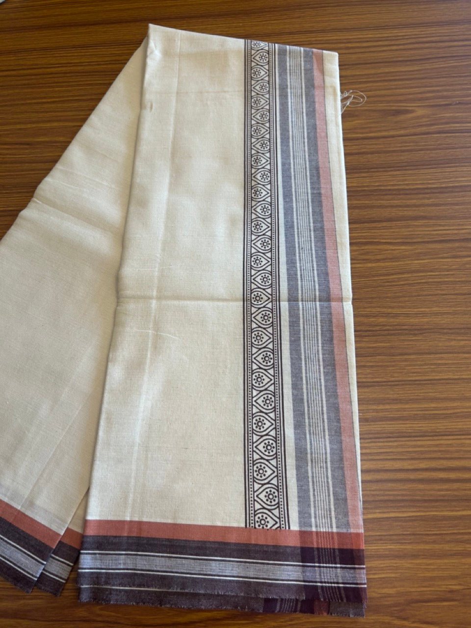 12% Discount !! Kaitharikada Pure Cotton Single OFF WHITE - (Unbleached) Kaily / Lungi - 3.75 inch Brown & Brownish Orange Striped Printed kara Kuppadam Border with OFF WHITE colour body (2 meter / 4 muzham)- 10KK8010AS