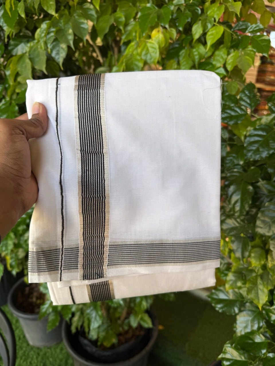 20% Discount ! KaithariKada Balaramapuram 100% Mercerised Cotton Double Ultra Pure white Mundu/Dhoti - 80x80 - 1.25 inch Black & Silver Kasavu Striped Kara - 112 KK5251 PMC