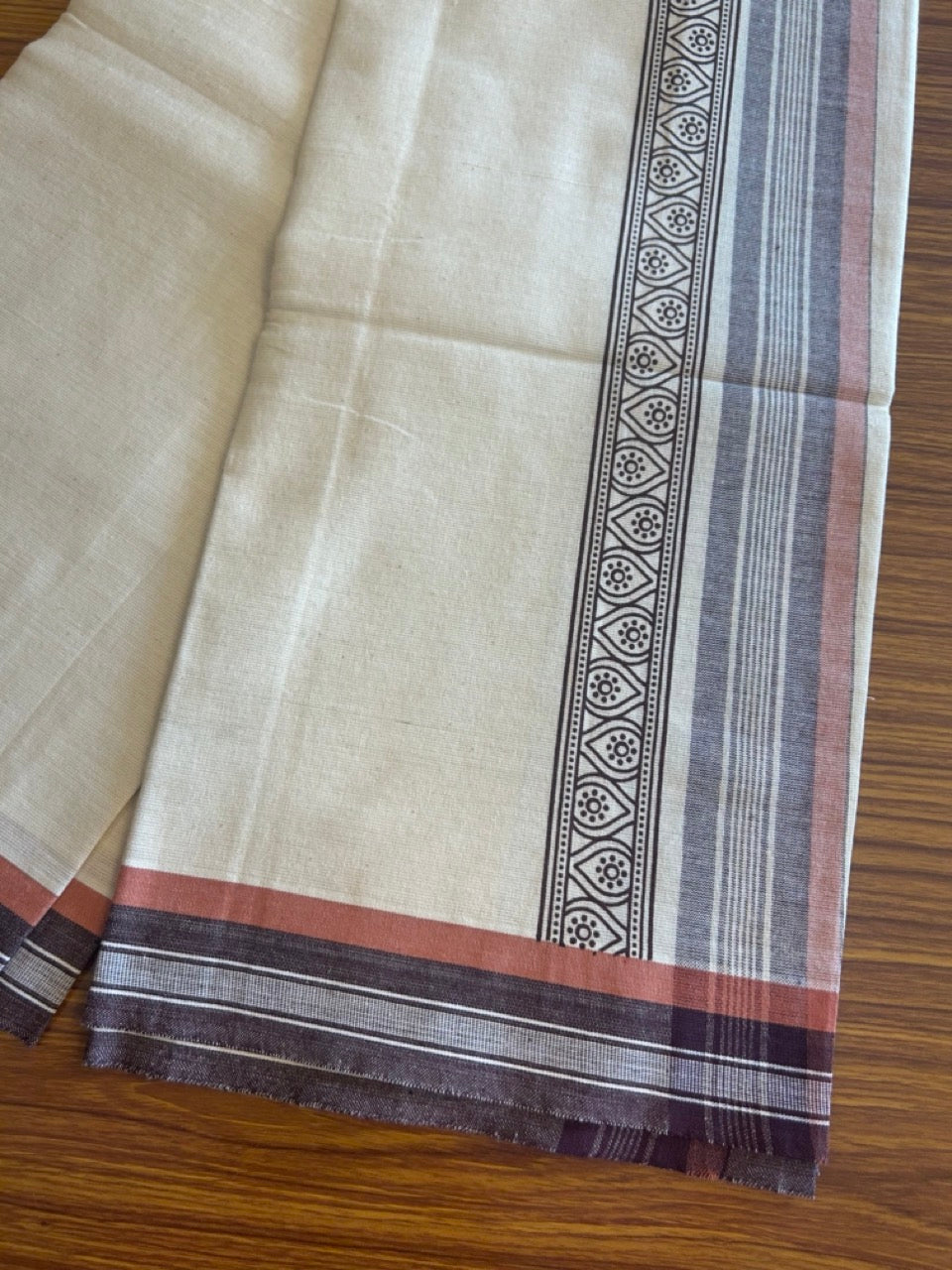 12% Discount !! Kaitharikada Pure Cotton Single OFF WHITE - (Unbleached) Kaily / Lungi - 3.75 inch Brown & Brownish Orange Striped Printed kara Kuppadam Border with OFF WHITE colour body (2 meter / 4 muzham)- 10KK8010AS