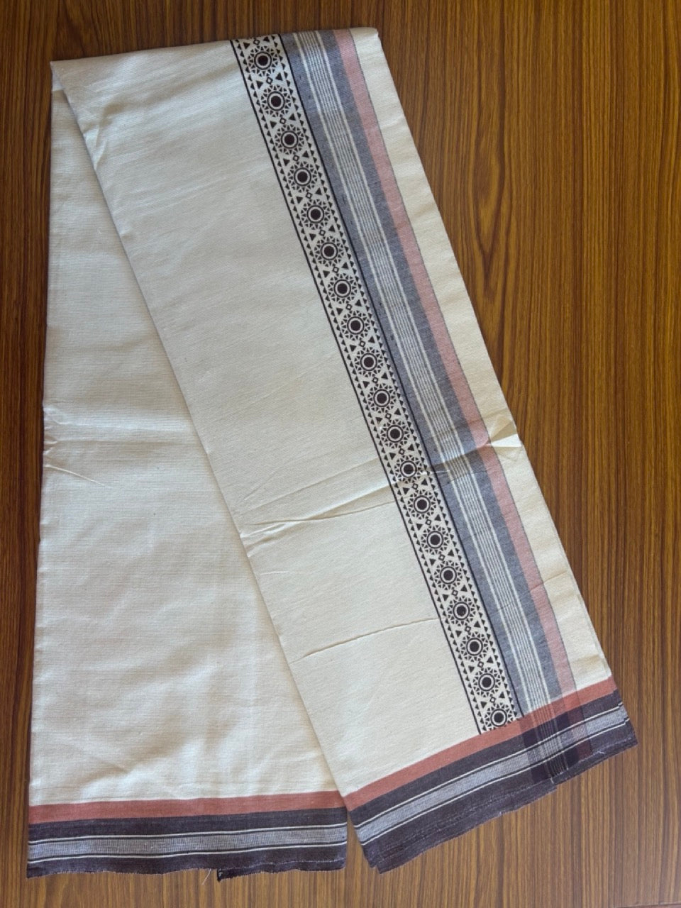 12% Discount !! Kaitharikada Pure Cotton Single OFF WHITE - (Unbleached) Kaily / Lungi - 3.75 inch Brown & Brownish Orange Striped Printed kara Kuppadam Border with OFF WHITE colour body (2 meter / 4 muzham)- 9KK8010AS