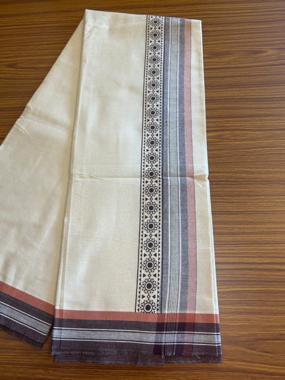 12% Discount !! Kaitharikada Pure Cotton Single OFF WHITE - (Unbleached) Kaily / Lungi - 3.75 inch Brown & Brownish Orange Striped Printed kara Kuppadam Border with OFF WHITE colour body (2 meter / 4 muzham)- 9KK8010AS