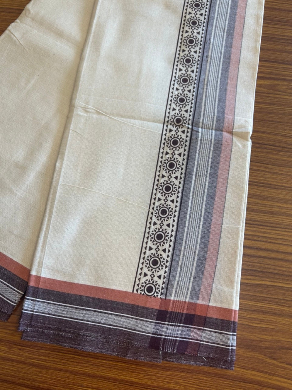 12% Discount !! Kaitharikada Pure Cotton Single OFF WHITE - (Unbleached) Kaily / Lungi - 3.75 inch Brown & Brownish Orange Striped Printed kara Kuppadam Border with OFF WHITE colour body (2 meter / 4 muzham)- 9KK8010AS