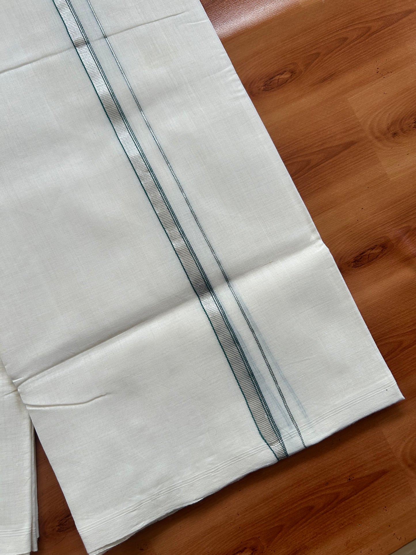 25% Discount ! KaithariKada Handloom Unakkupaav - Kerala Handloom - 100% Pure Cotton Off White (Unbleached) Double Mundu/Dothi - 100x80 - 0.25 inch Silver Kasav & Green Striped Kara 4 Meters (8.5 Muzham) - 11 KK5380 SOM