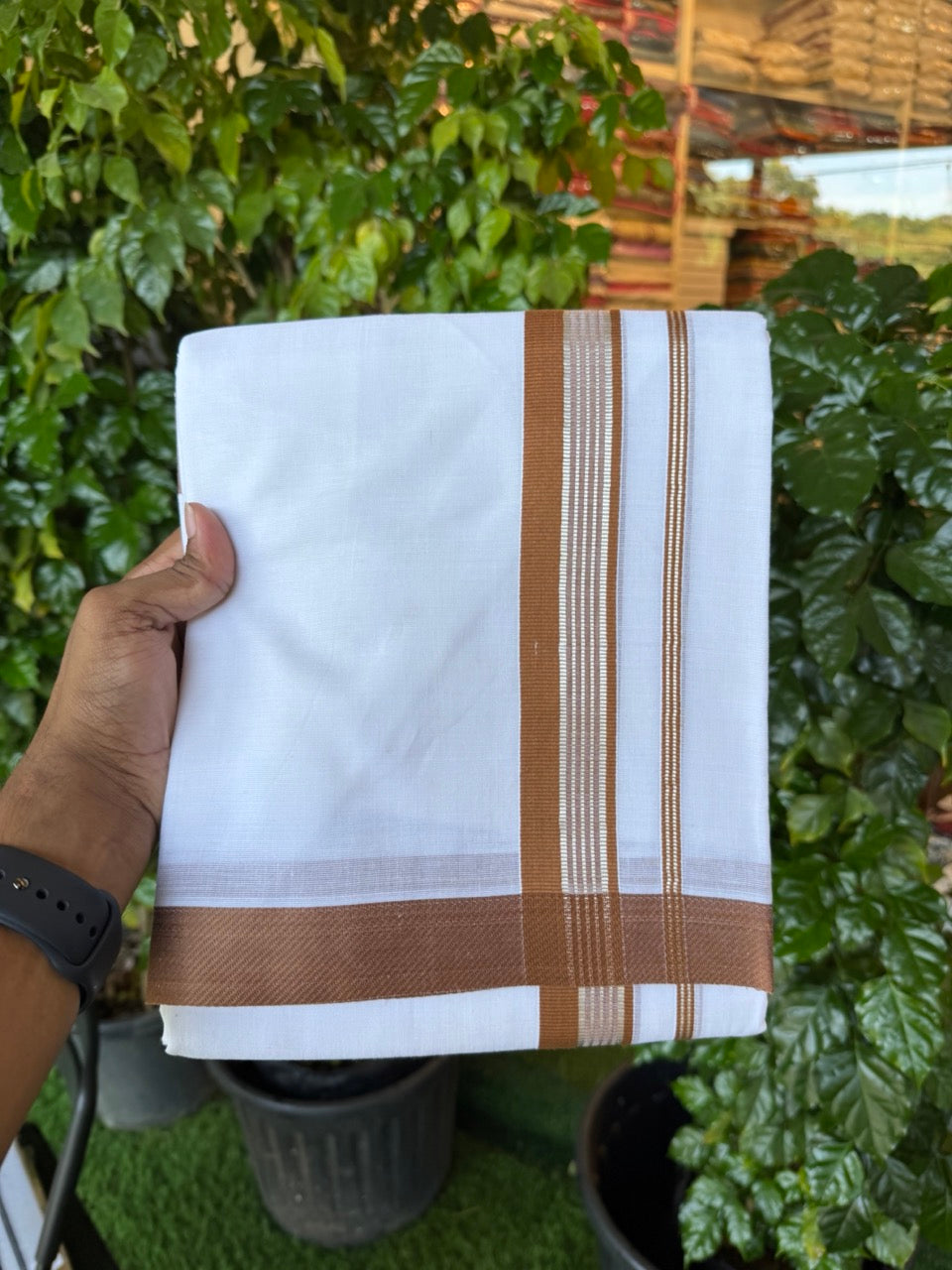23% Discount! KaithariKada Balaramapuram 100% Mercerised Cotton Double Ultra Pure white Mundu/Dhoti - 80x80 - 1.25 inch Silver Kasavu & Walnut Brown striped Kara - 116 KK5251 PMC