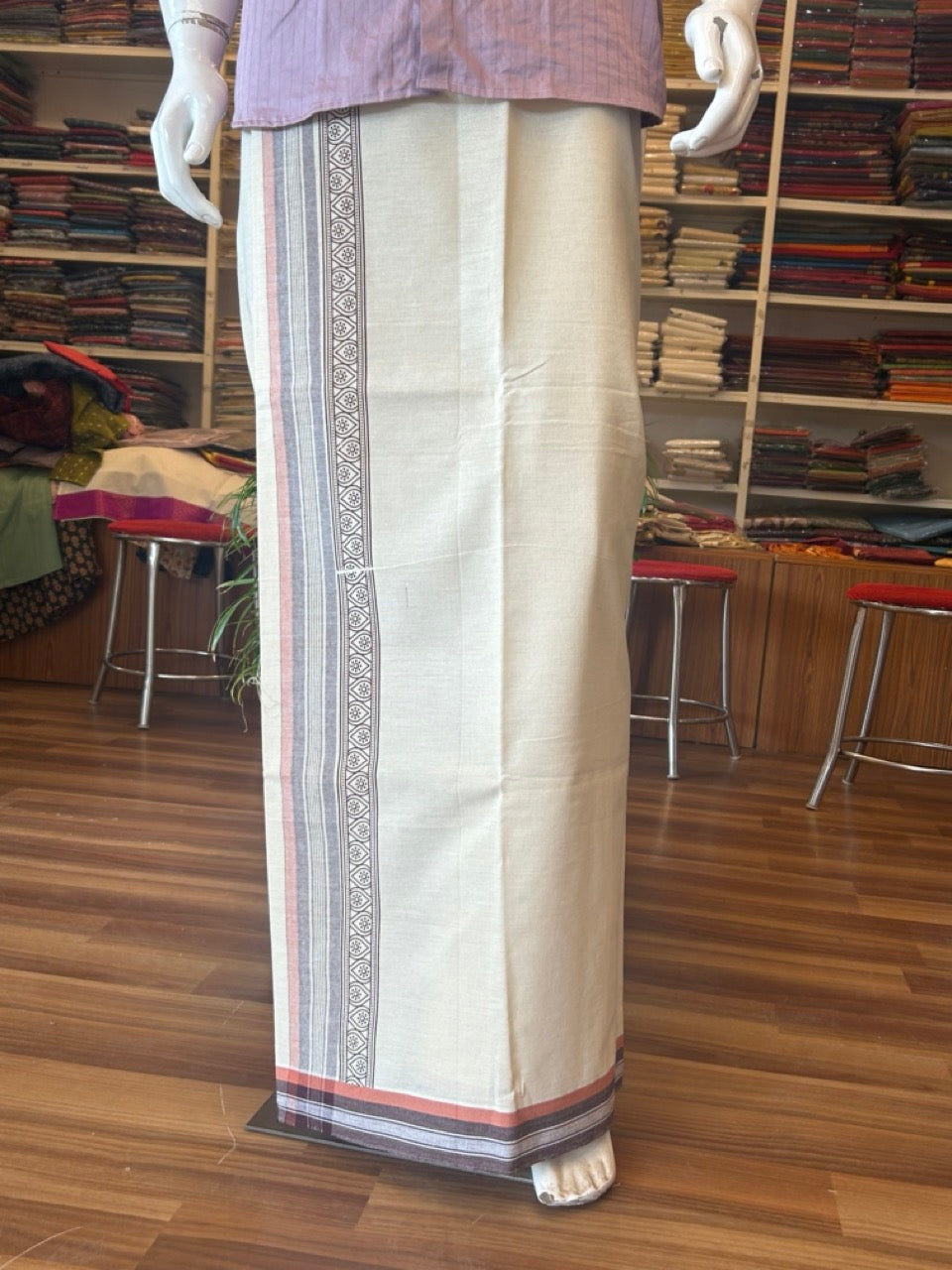 12% Discount !! Kaitharikada Pure Cotton Single OFF WHITE - (Unbleached) Kaily / Lungi - 3.75 inch Brown & Brownish Orange Striped Printed kara Kuppadam Border with OFF WHITE colour body (2 meter / 4 muzham)- 10KK8010AS
