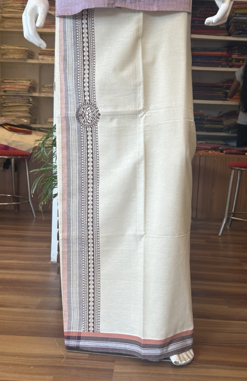 12% Discount !! Kaitharikada Pure Cotton Single Off White - (Unbleached) Kaily / Lungi - 4.25 inch  Brown & Brownish Orange Striped Printed kara Kuppadam Border with Off White colour body (2 meter / 4 muzham)- 12KK8010AS