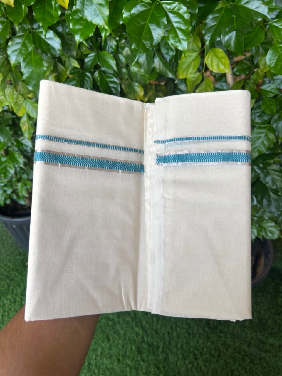 20% Discount KaithariKada Balaramapuram 100% Cotton Double Off white - (Unbleached) - Mundu/Dhoti - 100x100 - 1.5 cm Silver Kasav & Blue Design Kara - 11KK5226 ASH