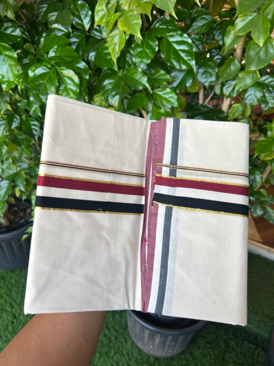ADMK VESHTI - 20% DISCOUNT! KaithariKada 100% Cotton off white Double - (Unbleached) Mundu/Dhoti - 100X100 - 1.25 inch Gold Kasavu & Black White Maroon kara - 4KK5226ASH