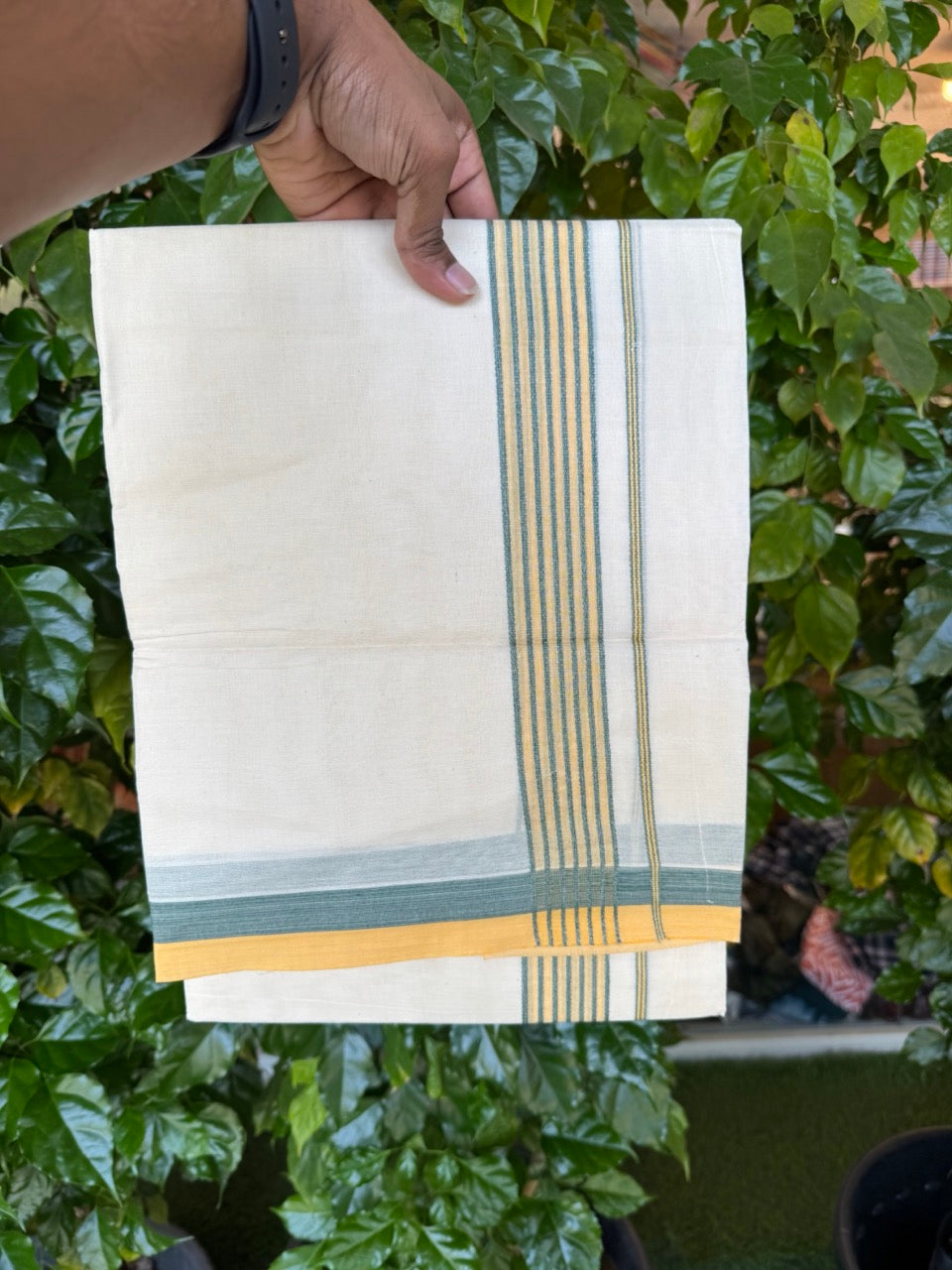 20% Discount! KaithariKada Balaramapuram 100% Cotton Double Off White (unbleached) Mundu/Dhoti- 100x80 - 1.5 inch Yellow & Green shaded striped Kara 4 mtr (8.5 muzham) - 76 KK5251 PMC