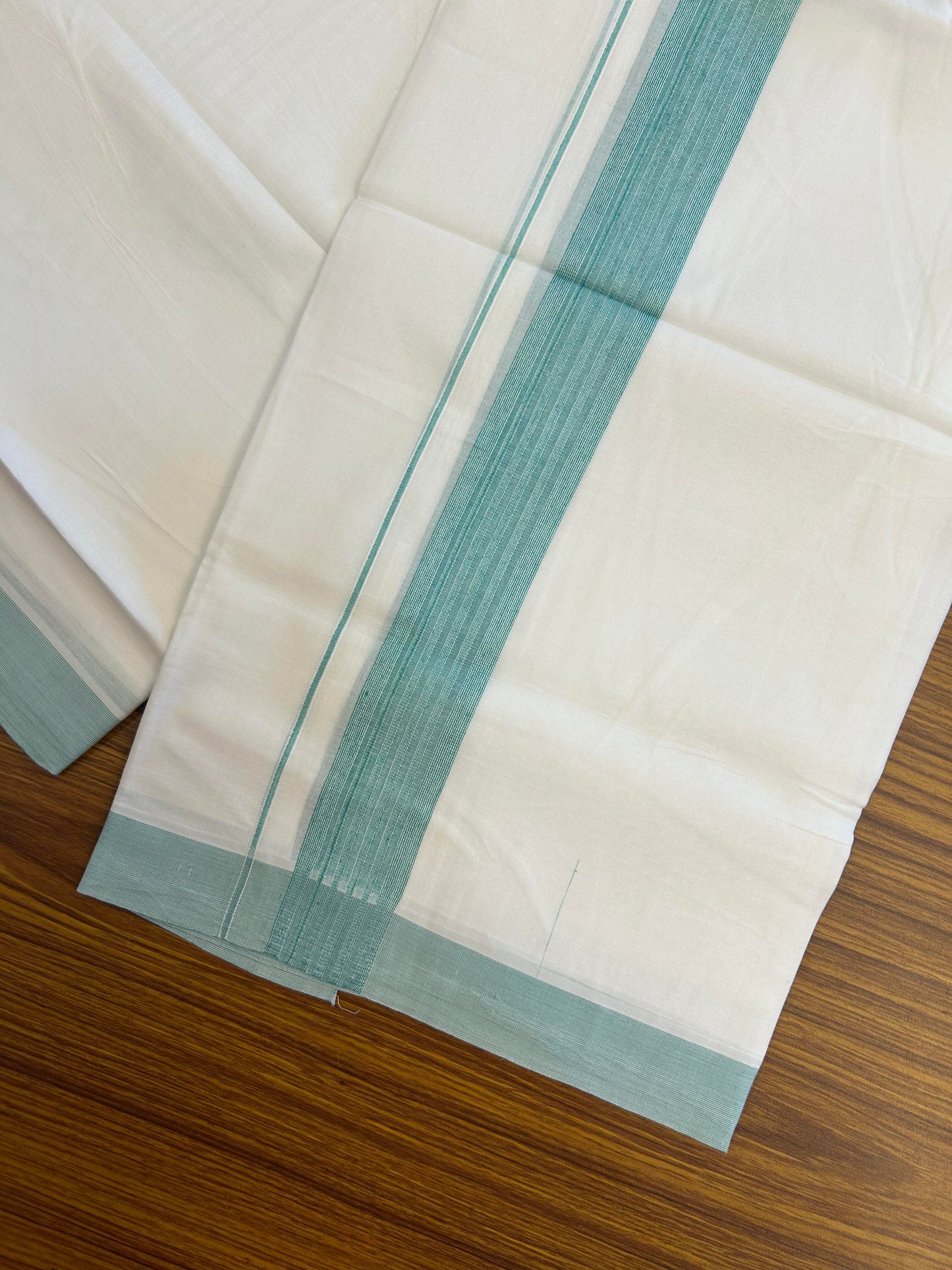 20% Discount ! Kaitharikada Balaramapuram 100% Cotton Pure White Double Mundu/Dothi - 100x100 - 1.5 inch Turquoise Green Striped Kara - 19 KK5362 GAN