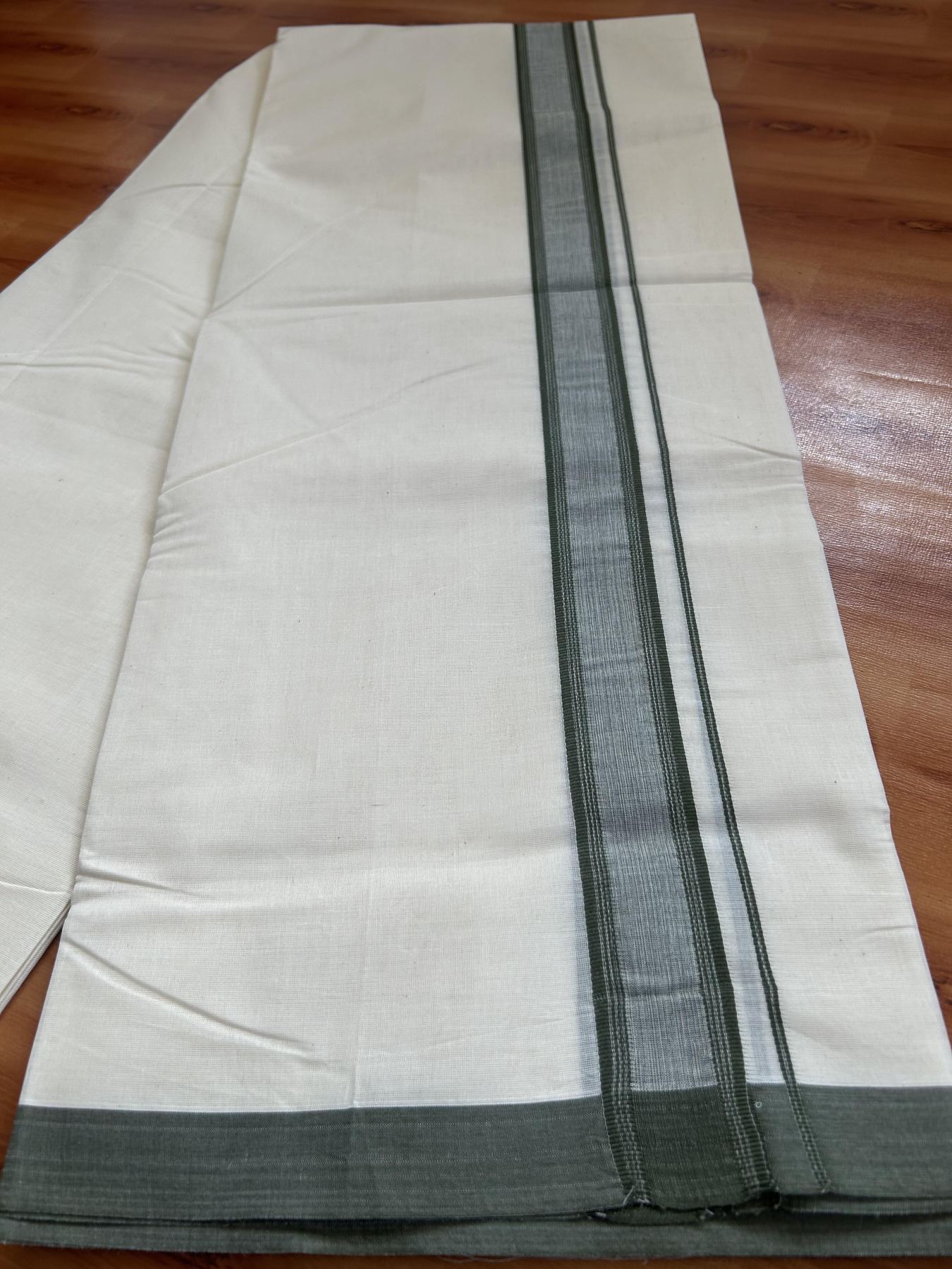 Double Off white (Unbleached) Mundu/Dhoti - 20% Discount KaithariKada Balaramapuram 100% Cotton - 100x100 - 1 inch Dark Olive Green Shaded Striped Kara - 31 KK5392 ASH