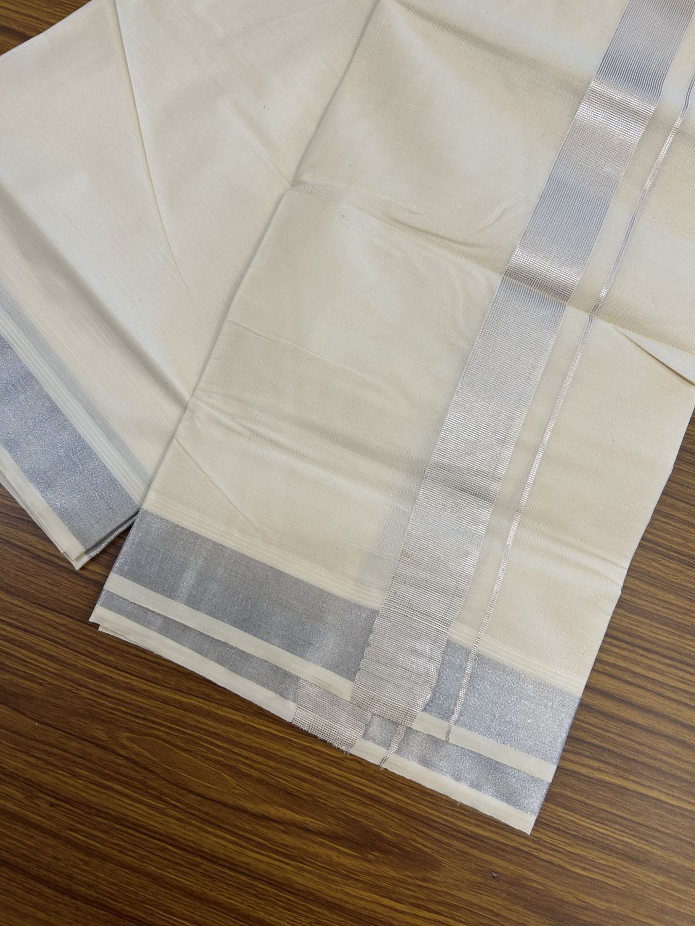 20% Discount ! KaithariKada Balaramapuram 100% Cotton Double Off White - (Unbleached) - Mundu / Dhoti- 100x80 - 1.5 inch Silver Kasav Stripes Kara 4 mtr (8.5 Muzham) - 52 KK5340 VIN